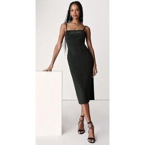 Lulus Dazzle All Night Black Shiny Green Twist-Back‎ Midi Dress Medium NEW $88